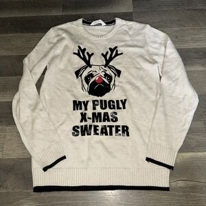 H&M Sweater Youth 14 White My Pugly Xmas Outerwear Winter Comfort Pug Casual